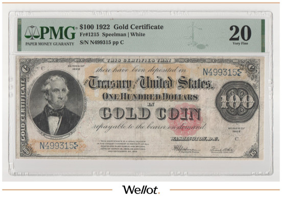 100 Долларов 1922 США Золотой Сертификат PMG 20