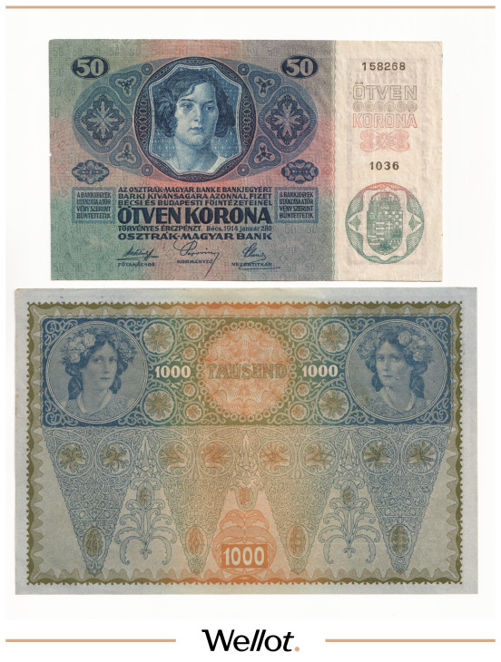 Изображение лота 50-1000 Крон 1902 (1919) - 1914 Австрия 2 шт XF-UNC