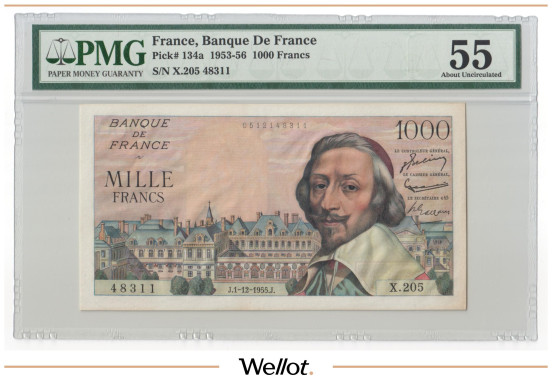 Изображение лота 1000 Франков 1955 Франция PMG 55 AUNC
