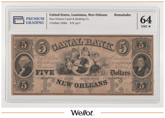 Изображение лота 5 Долларов ND (1840е) США Луизиана Новый Орлеан Canal and Banking Company PG 64+ UNC