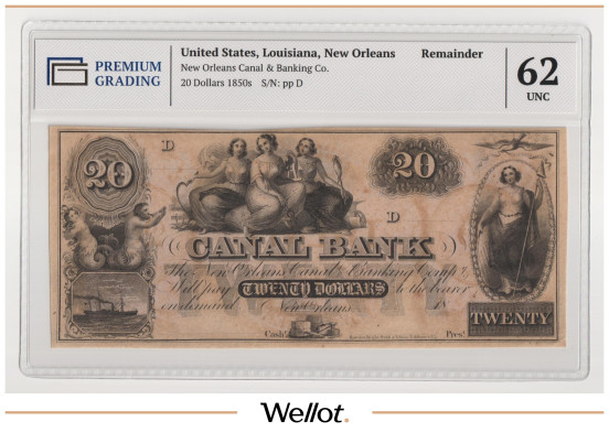 Изображение лота 20 Долларов ND (1850е) США Луизиана Новый Орлеан Canal and Banking Company PG 62 UNC