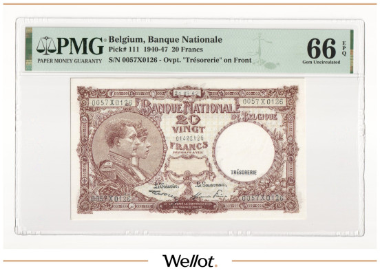 Изображение лота 20 Франков 1947 Бельгия PMG 66 EPQ UNC