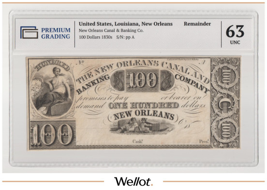 Изображение лота 100 Долларов ND (1830е) США Луизиана Новый Орлеан Canal and Banking Company PG 63 UNC