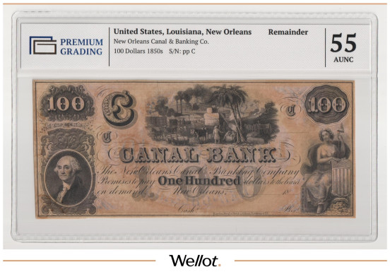 Изображение лота 100 Долларов ND (1850е) США Луизиана Новый Орлеан Canal and Banking Company PG 55 AUNC