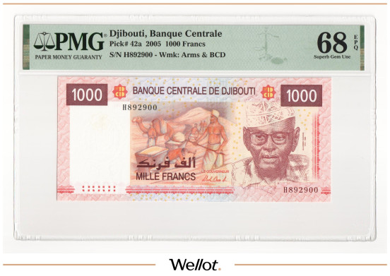 Изображение лота 1000 Франков 2005 Джибути PMG 68 EPQ UNC
