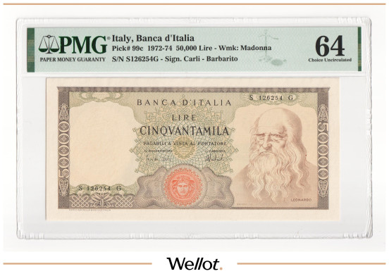 50000 Лир 1972 Италия PMG 64 UNC
