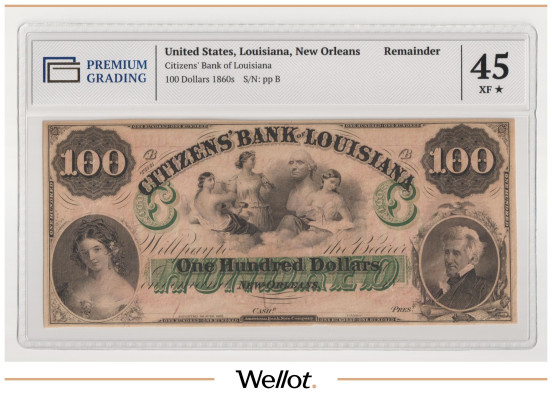 Изображение лота 100 Долларов ND (1860е) США Луизиана Новый Орлеан Citizens Bank PG 45+ XF