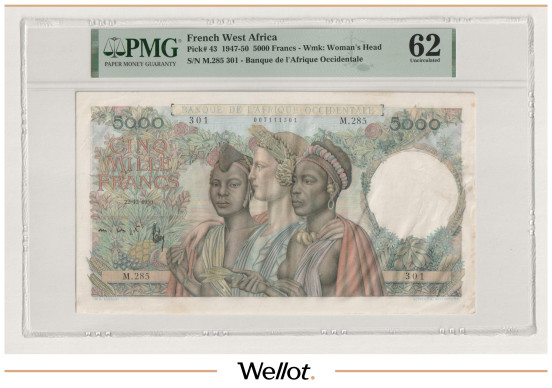 5000 Франков 1950 Французская Западная Африка PMG 62 UNC