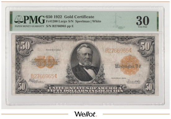 50 Долларов 1922 США Золотой Сертификат PMG 30