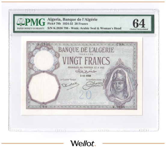 Изображение лота 20 Франков 1928 Алжир PMG 64 UNC