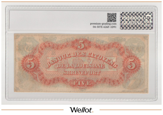 Изображение лота 5 Долларов ND (1860е) США Луизиана Шривпорт Citizens Bank PG 65+ UNC