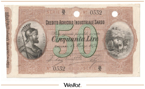 50 Лир 1874 Италия Сардиния Банк Credito Agricolo Industriale Sarda АUNC