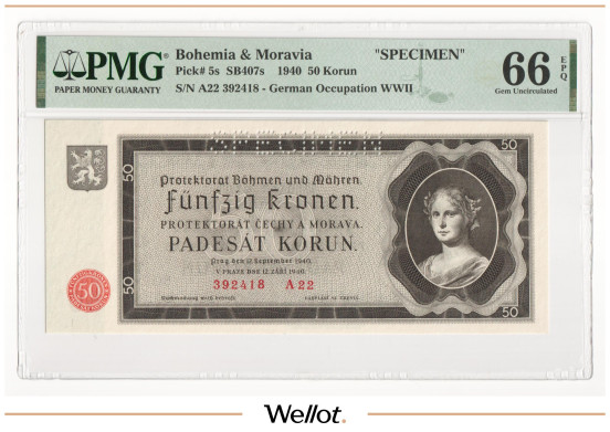 Изображение лота 50 Крон 1940 Богемия и Моравия Образец PMG 66 EPQ UNC