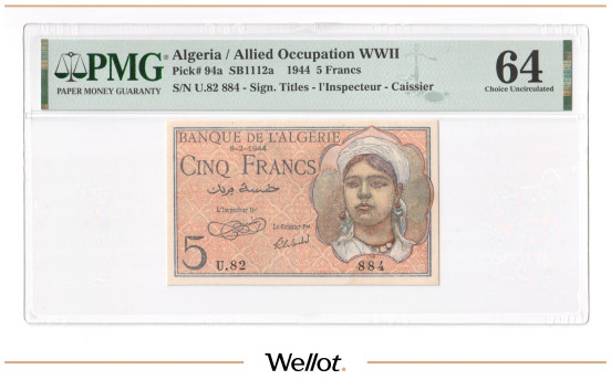 Изображение лота 5 Франков 1944 Алжир PMG 64 UNC