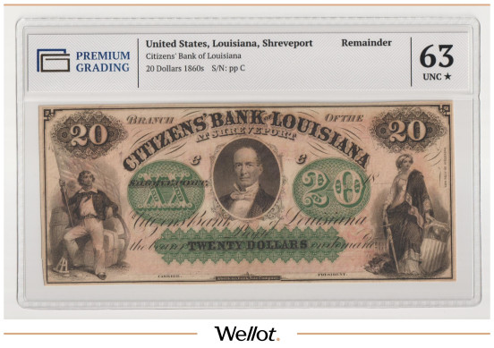 Изображение лота 20 Долларов ND (1860е) США Луизиана Шривпорт Citizens Bank PG 63+ UNC