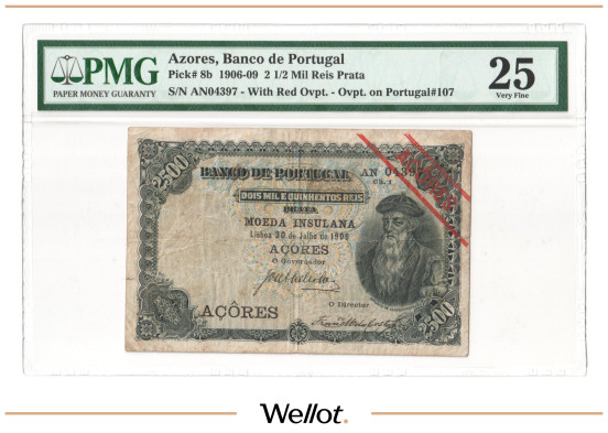 Изображение лота 2500 Реалов 1909 Азорские Острова PMG 25 VF