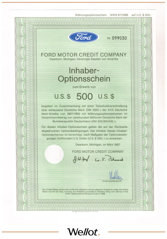 Изображение лота Ордер 500 Долларов 1987 США Компания «Ford»