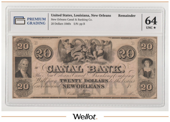 Изображение лота 20 Долларов ND (1840е) США Луизиана Новый Орлеан Canal and Banking Company PG 64+ UNC