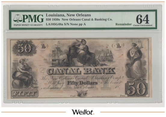 Изображение лота 50 Долларов ND (1850е) США Луизиана Новый Орлеан Canal and Banking Company PMG 64 UNC