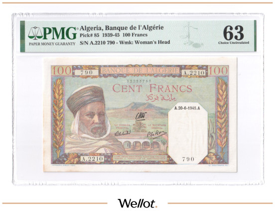 Изображение лота 100 Франков 1945 Алжир PMG 63 UNC