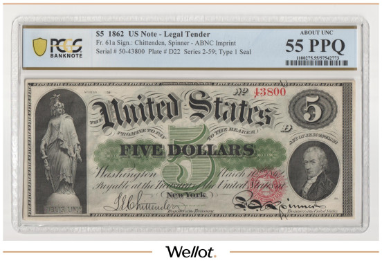 5 Долларов 1862 США PCGS 55 PPQ AUNC