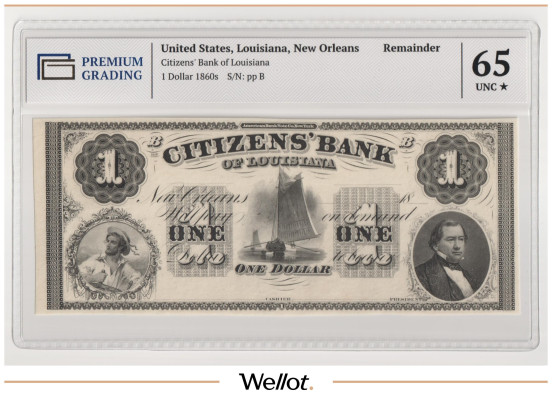 Изображение лота 1 Доллар ND (1860е) США Луизиана Новый Орлеан Citizens Bank PG 65+ UNC