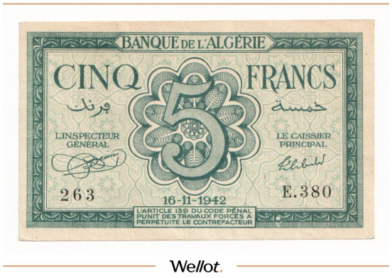 Изображение лота 5 Франков 1942 Алжир UNC-
