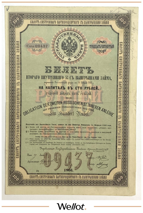 Изображение лота 100 Рублей 1866 Российская Империя Внутренний 5% Выигрышный Заем