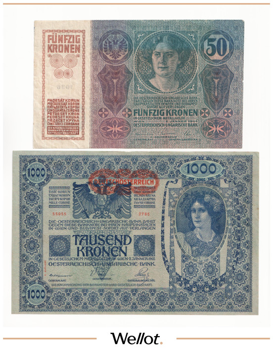 Изображение лота 50-1000 Крон 1902 (1919) - 1914 Австрия 2 шт XF-UNC