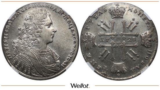 Изображение лота 1 Рубль 1728 Петр II NGC AU Details