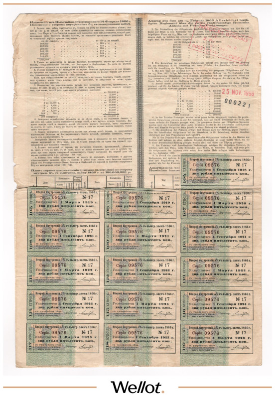 Изображение лота 100 Рублей 1866 Российская Империя Второй Внутренний 5% Выигрышный Заем