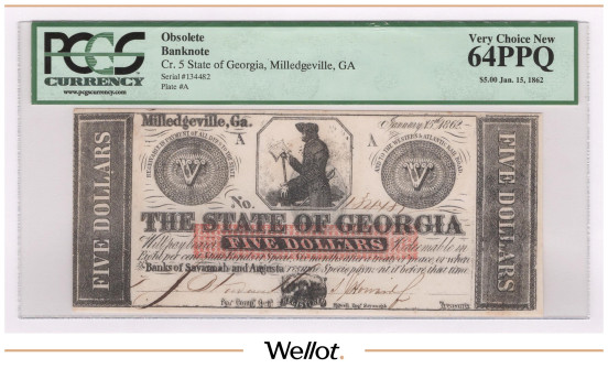 Изображение лота 5 Долларов 1862 Джорджия Милледжвилл PCGS 64 PPQ UNC