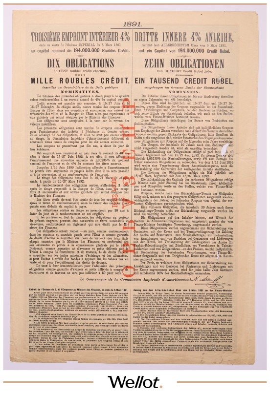 Изображение лота 1000 Рублей Кредитных 1891 Российская Империя Третий 4% Внутренний Заем Образец