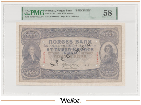 1000 Крон 1943 Норвегия Образец PMG 58 АUNC