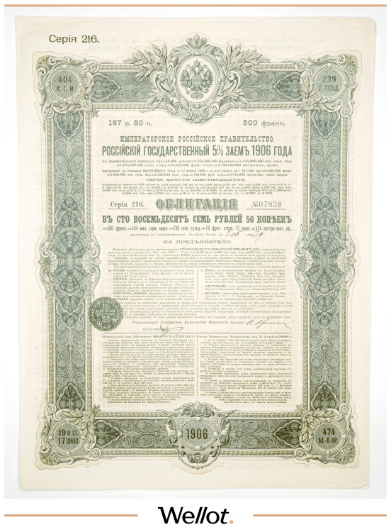Изображение лота 187 Рублей 50 Копеек 1906 Российская Империя Государственный 5% Заем