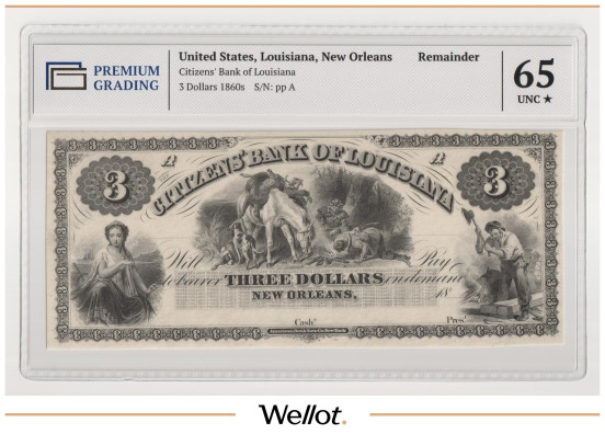 Изображение лота 3 Доллара ND (1860е) США Луизиана Новый Орлеан Citizens Bank PG 65+ UNC