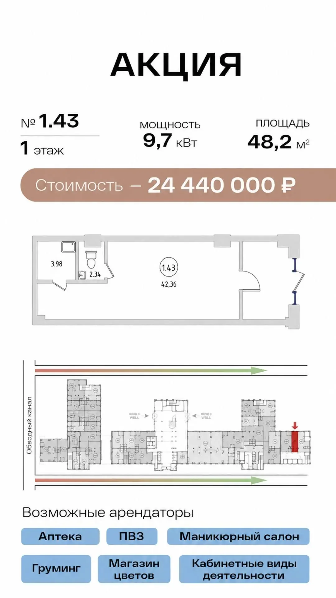 Продам коммерческое помещение 48,7 м² в Апарт-отеле Well | 1 этаж | Стрит-ритейл