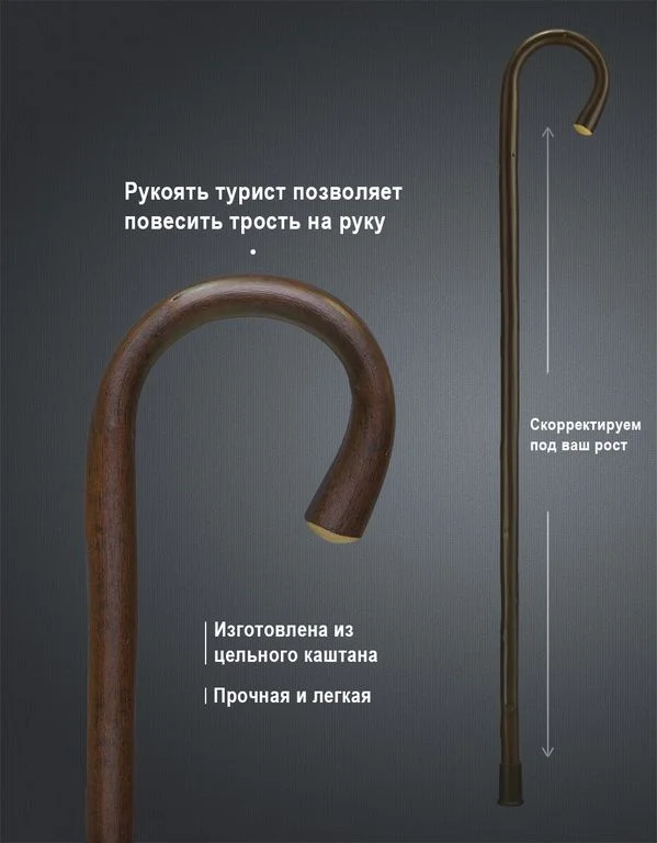 Трость из цельного каштана «Кёльн» (Германия) — рукоять-крюк, легкая 300 г, можно повесить на руку - миниатюра 2