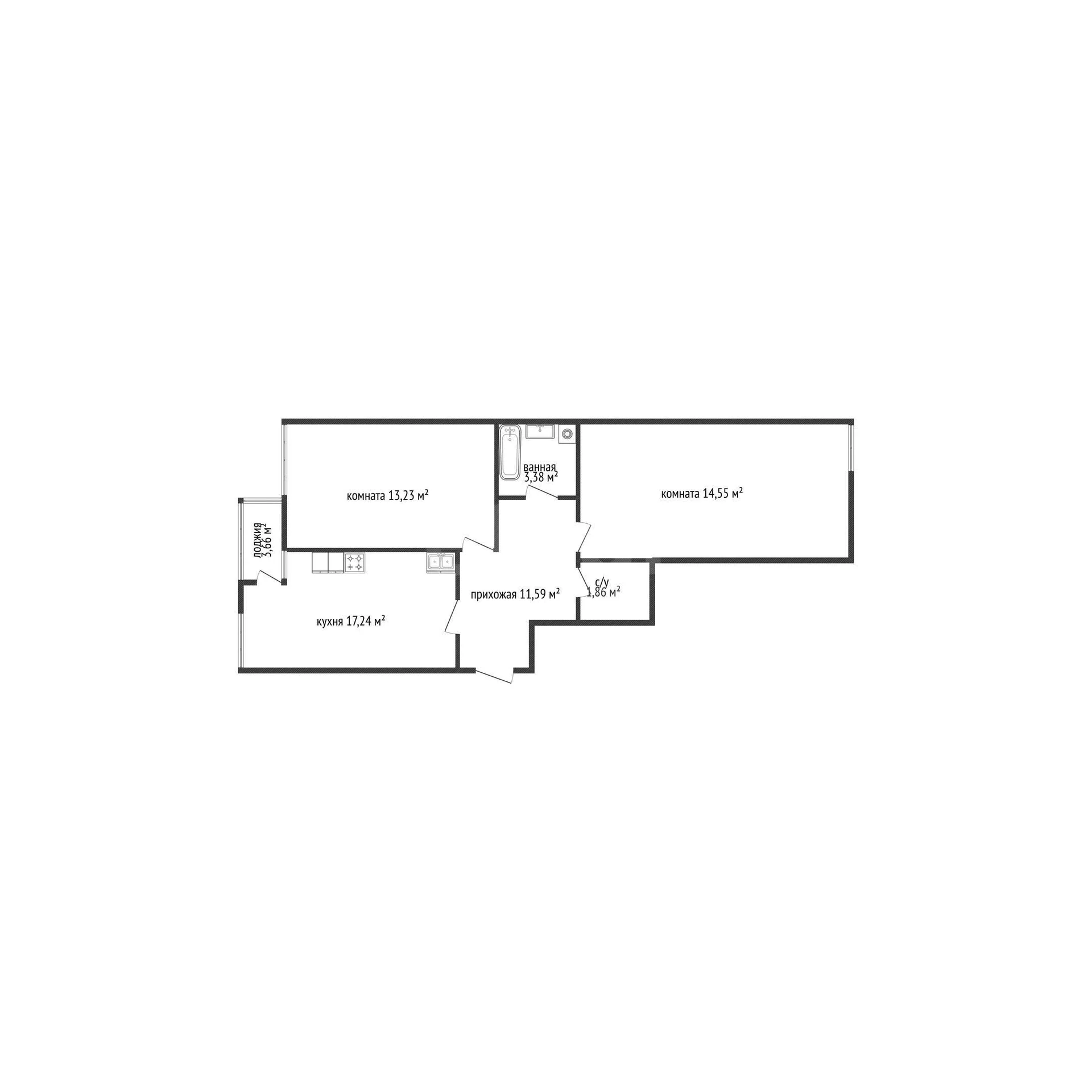 2-к квартира, 61.9м² (Беговая улица, 56к2) - изображение 1