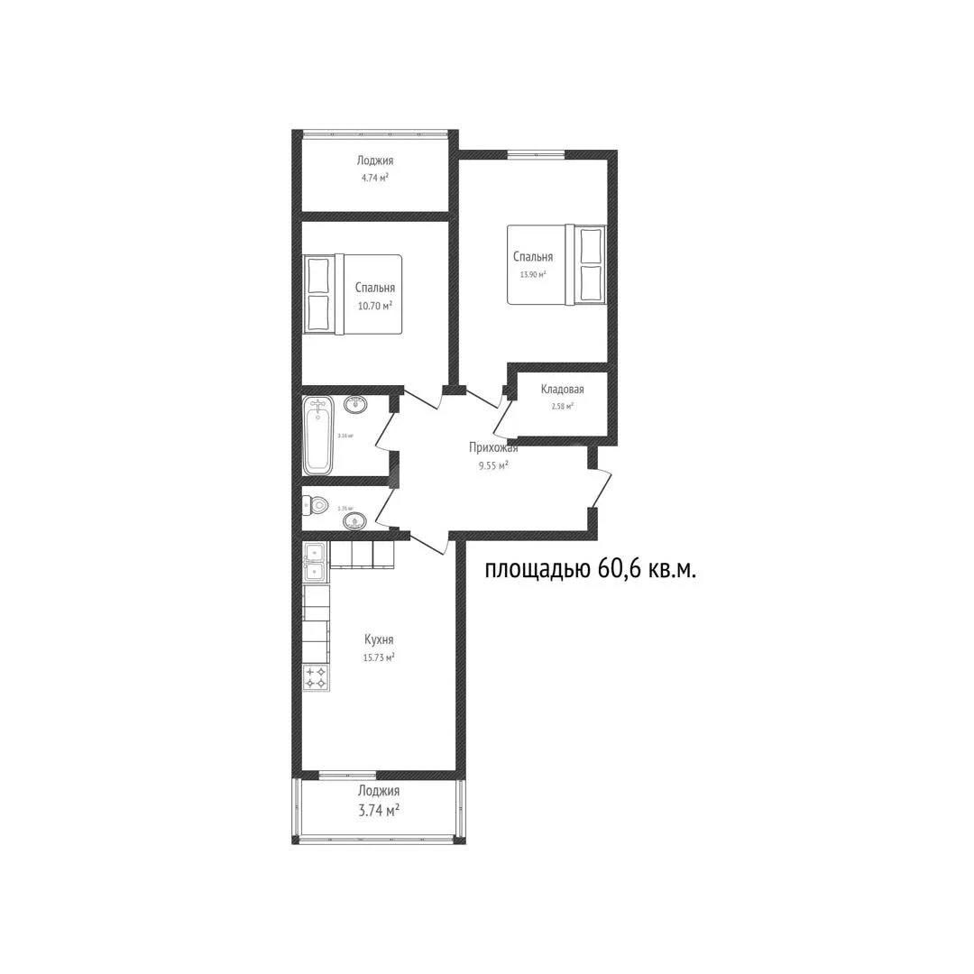 2-к квартира, 60.6м² (Конгрессная улица, 41) - миниатюра 26