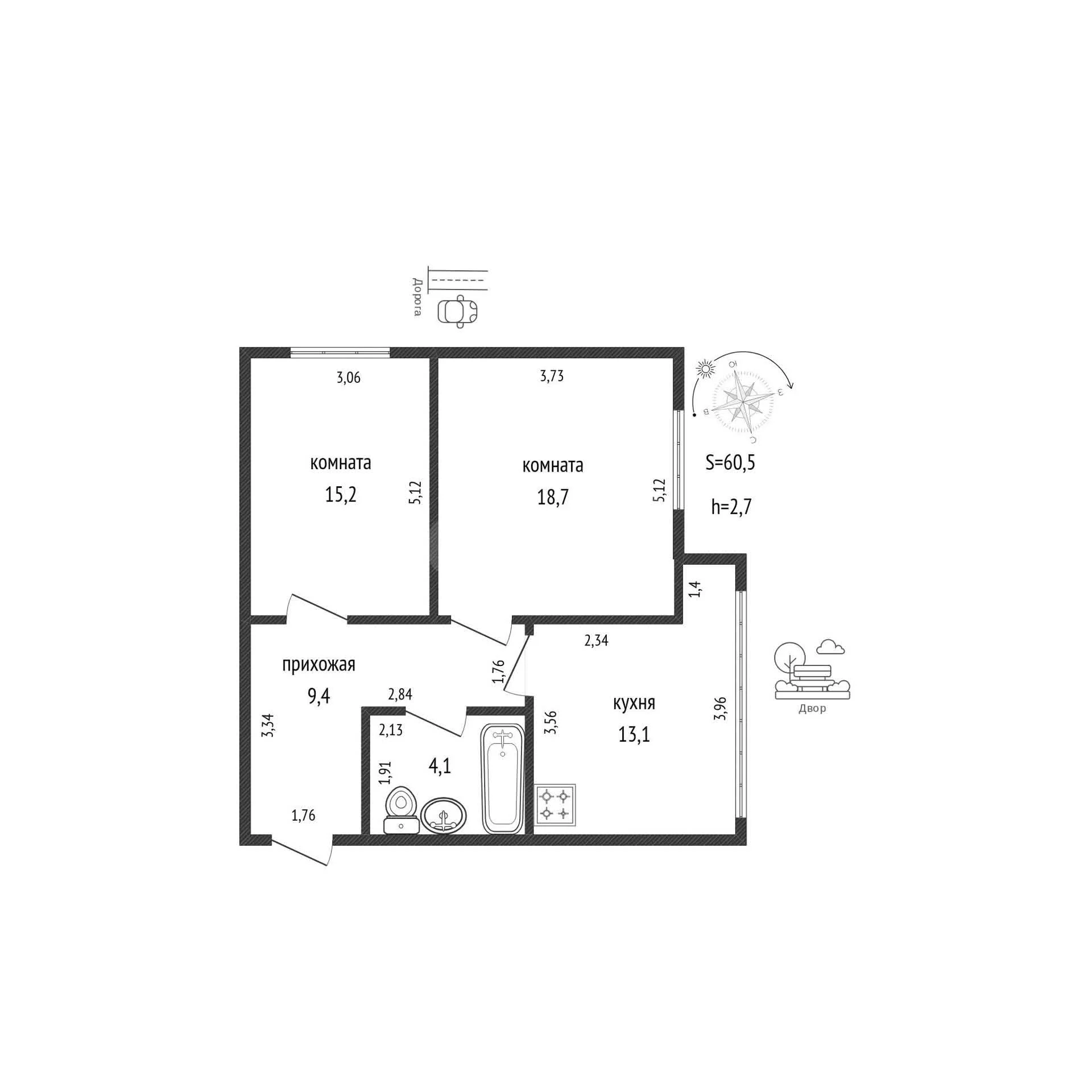 2-к квартира, 60.5м² (Космическая улица, 88к6) - миниатюра 9