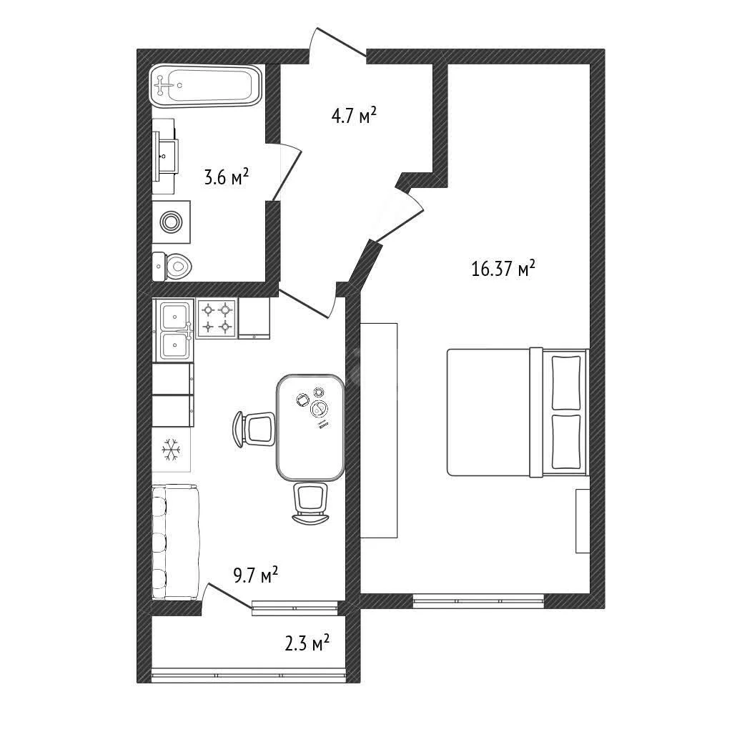 1-к квартира, 36.3м² (улица Петра Метальникова, 3/1к1) - миниатюра 9
