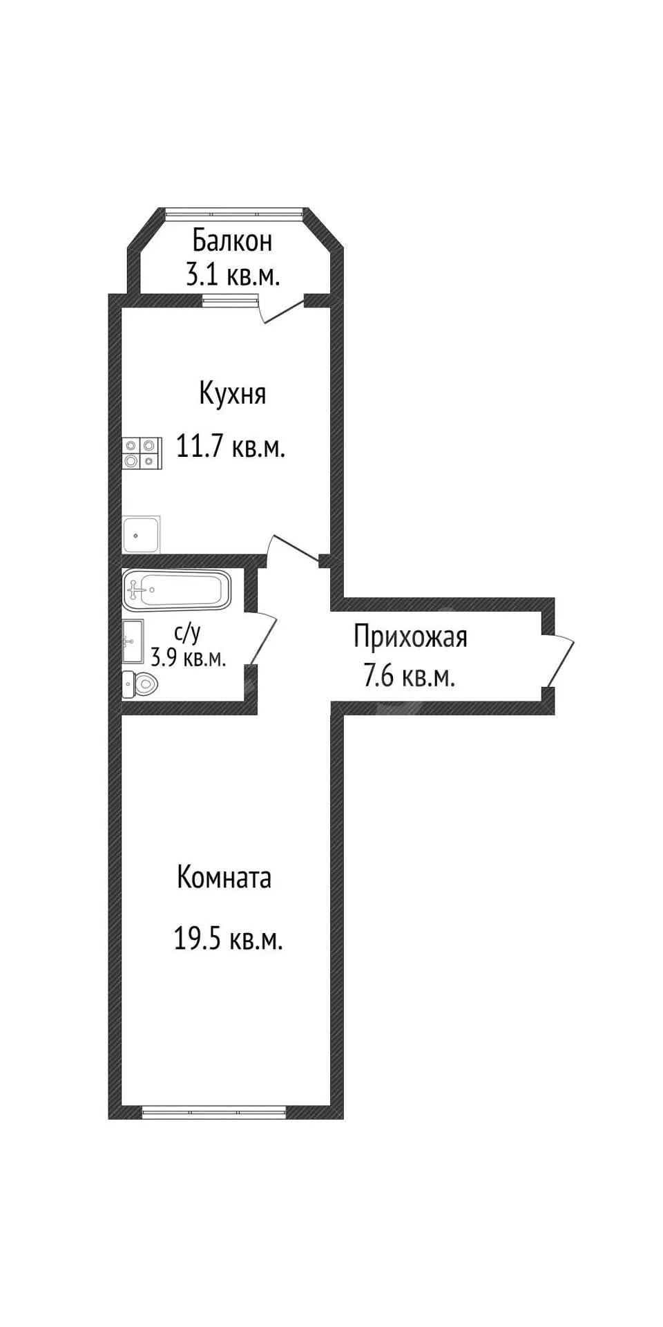 1-к квартира, 42.7м² (улица имени Н.Г. Чернышёва, 27) - миниатюра 22
