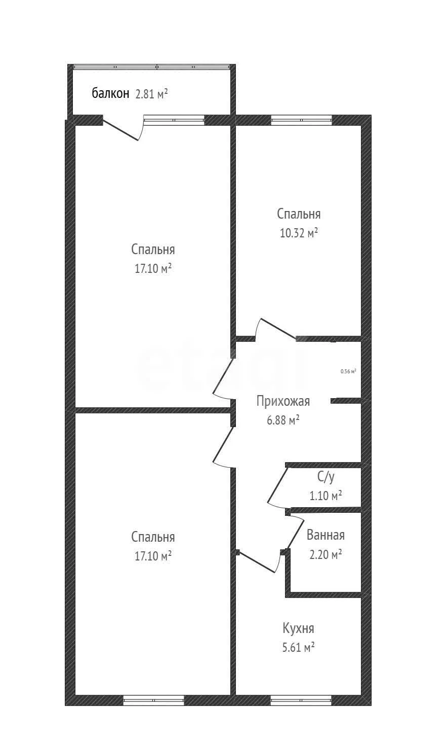 3-к квартира, 61м² (улица Археолога Анфимова, 26) - миниатюра 50