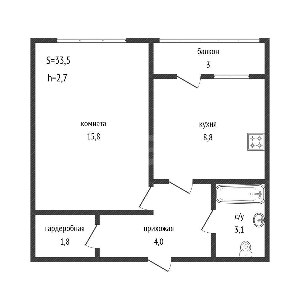 1-к квартира, 33.5м² (Сахалинская улица, 15к6) - миниатюра 17