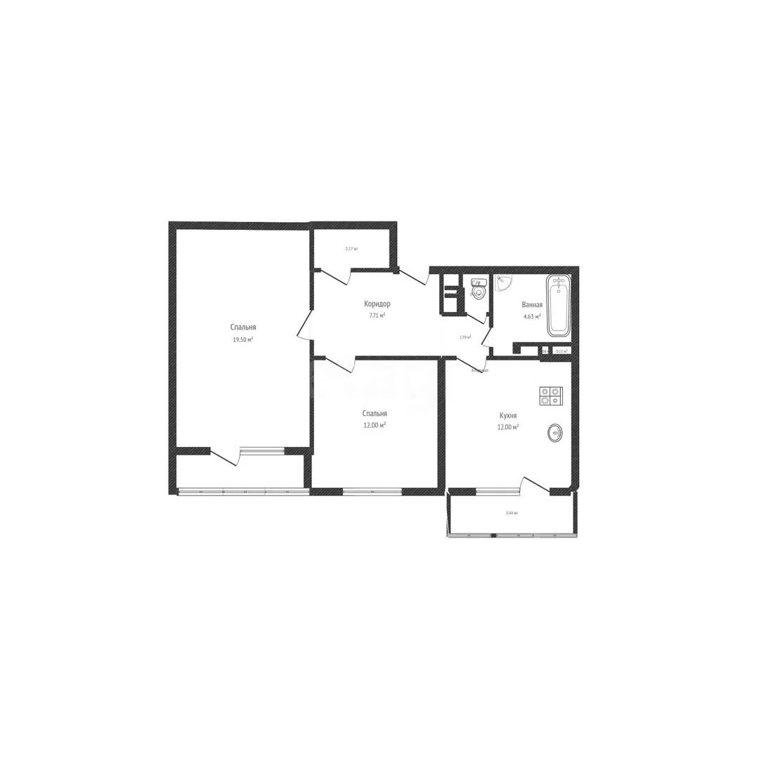2-к квартира, 59.4м² (улица Героя А.А. Аверкиева, 26) - миниатюра 16
