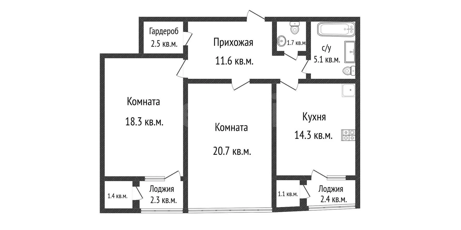2-к квартира, 74.2м² (улица Кубанская Набережная, 39) - миниатюра 35