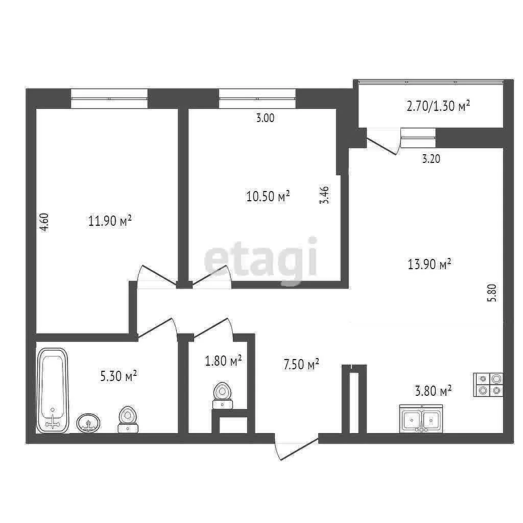 2-к квартира, 54.9м² (улица Лётчика Позднякова, 2к14) - миниатюра 10