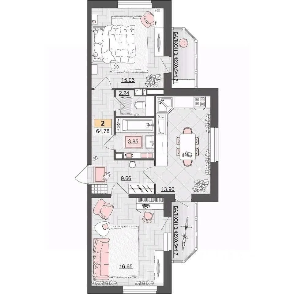 2-к квартира, 62.16м² (Ростовское шоссе, 30/6к2) - изображение 1
