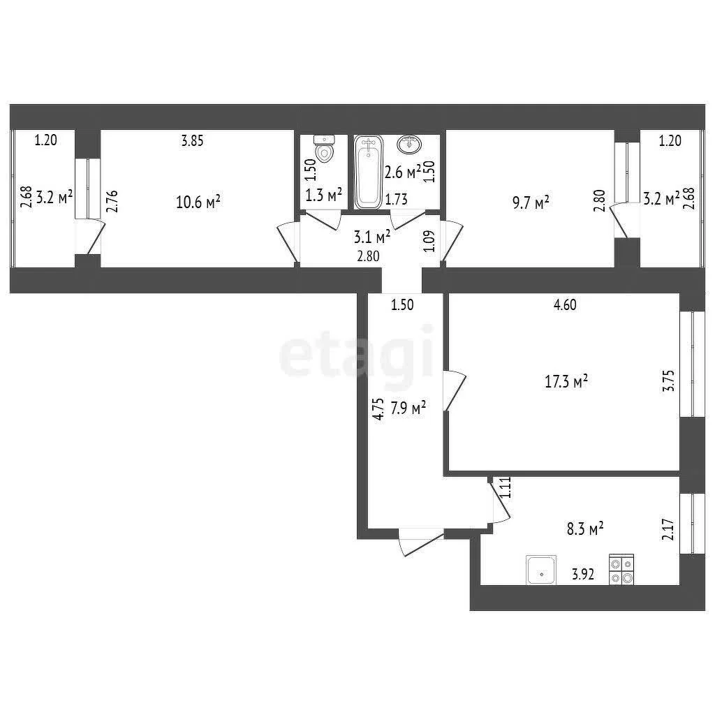 3-к квартира, 60.8м² (улица Вишняковой, 51) - миниатюра 26